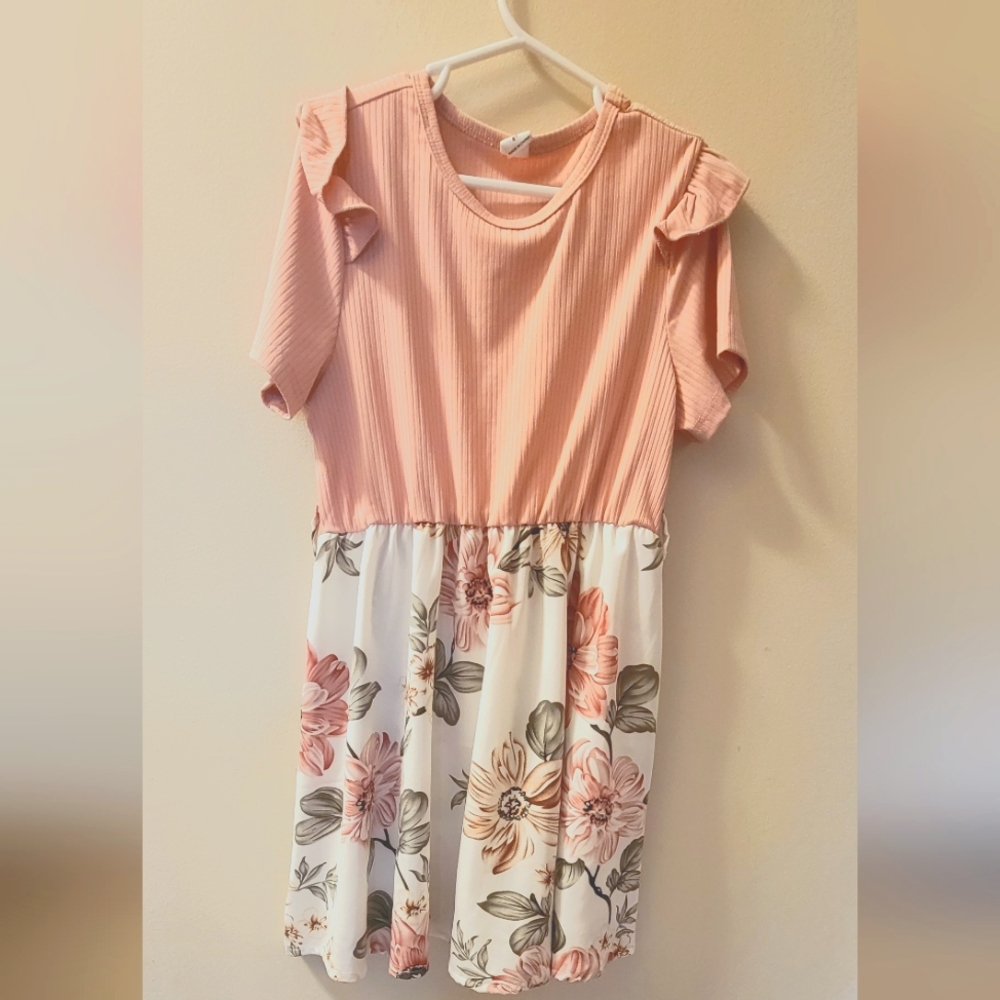 Floral print hem, ruffle trim dress